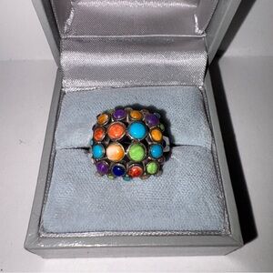 925 Sterling Silver Women's Rare Multi Color Gemstone Dome Statement Ring Size 6